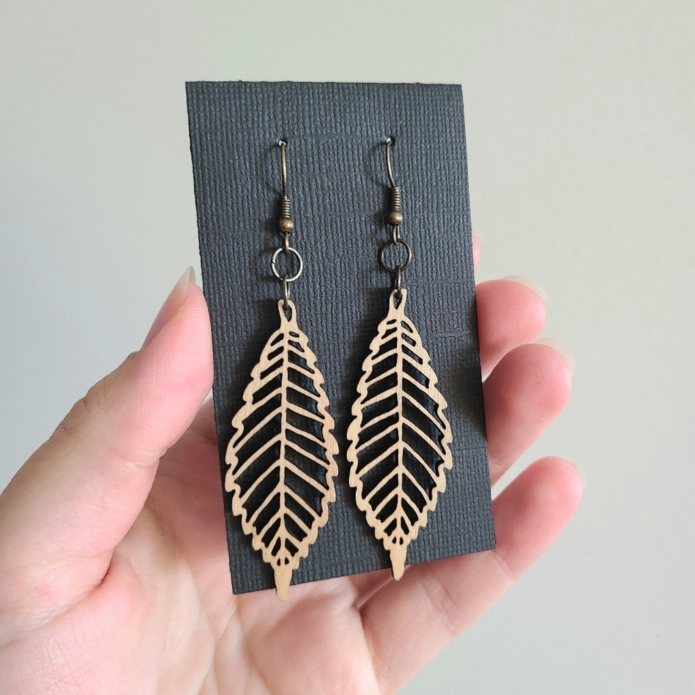 Laser Cut Wood Leaf Earrings